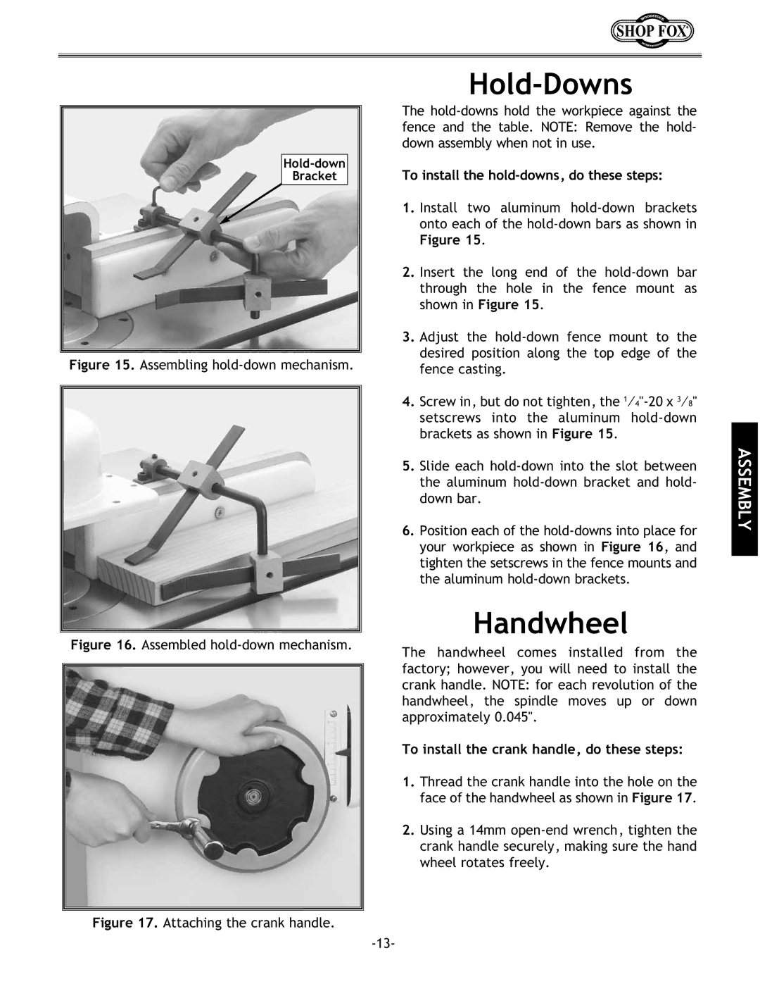 Grizzly w1702 instruction manual Hold-Downs, Handwheel, To install the hold-downs, do these steps 