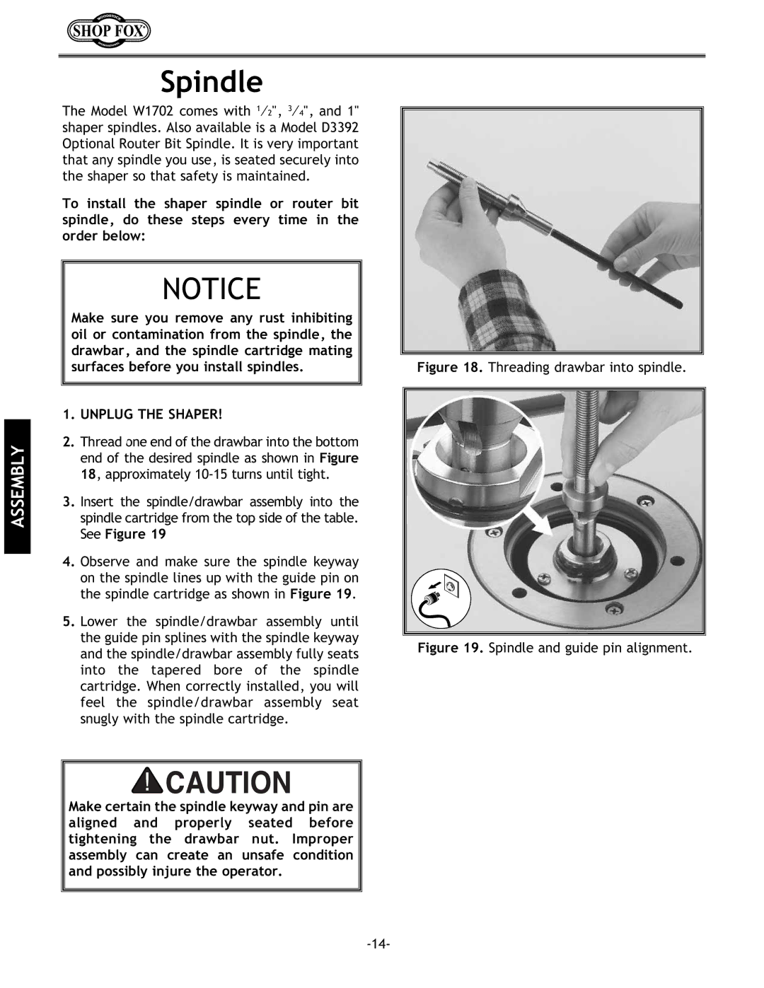 Grizzly w1702 instruction manual Spindle, Unplug the Shaper 