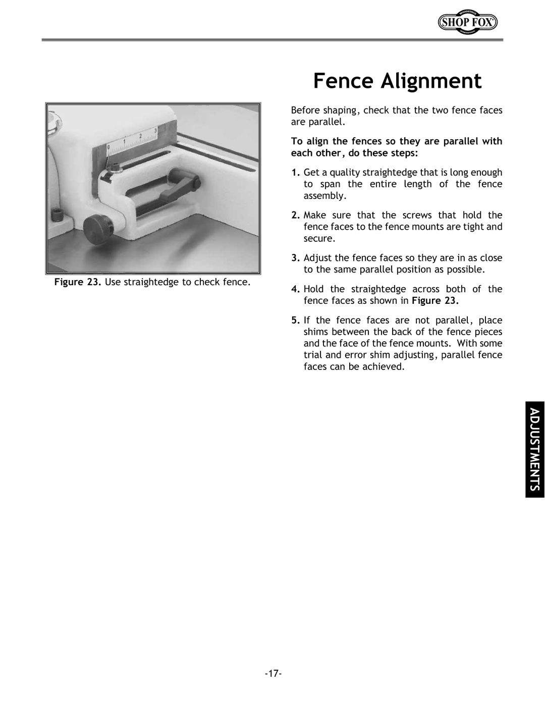 Grizzly w1702 instruction manual Fence Alignment 