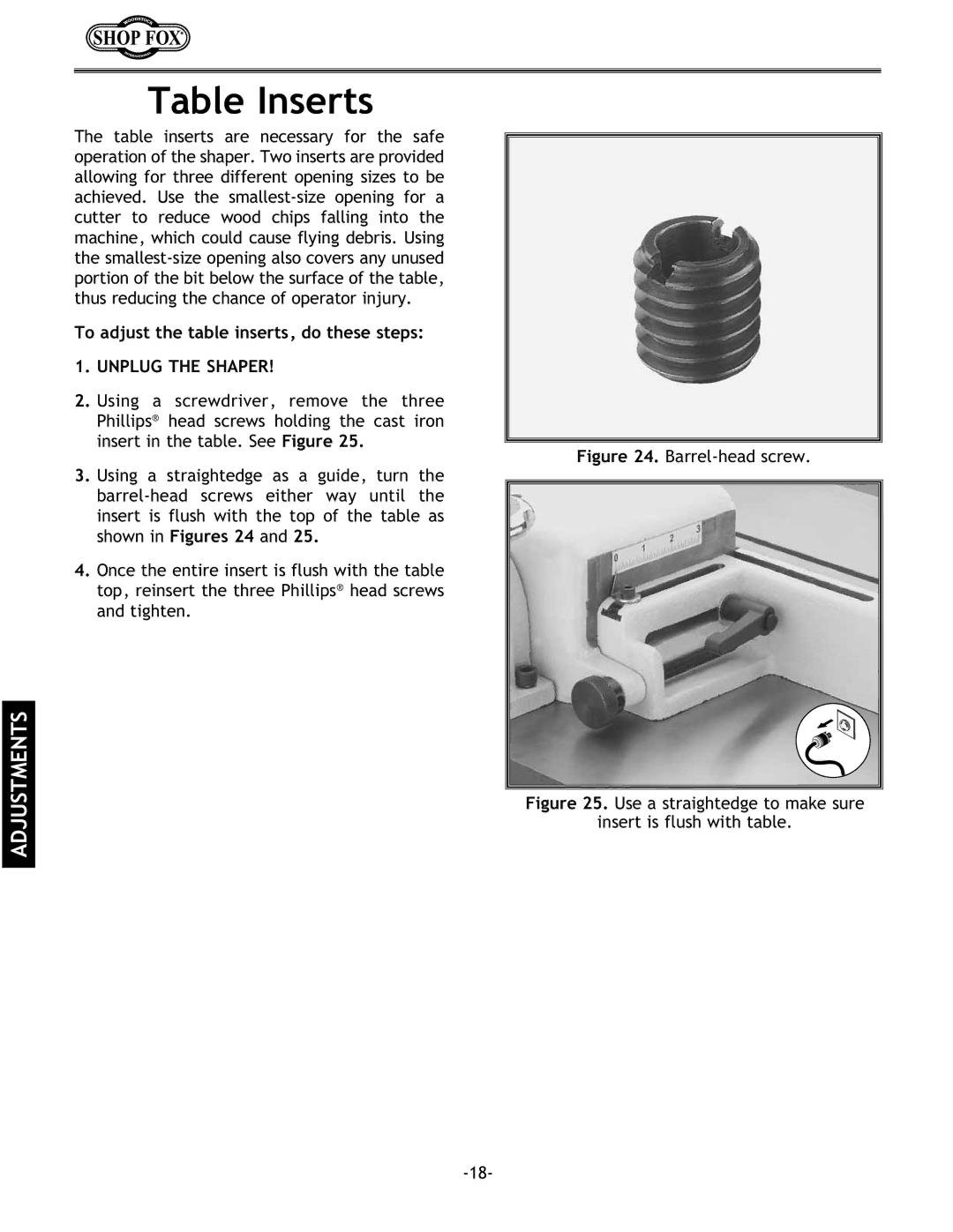 Grizzly w1702 instruction manual Table Inserts, To adjust the table inserts, do these steps 