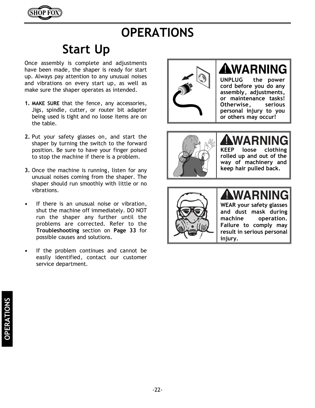 Grizzly w1702 instruction manual Operations, Start Up 