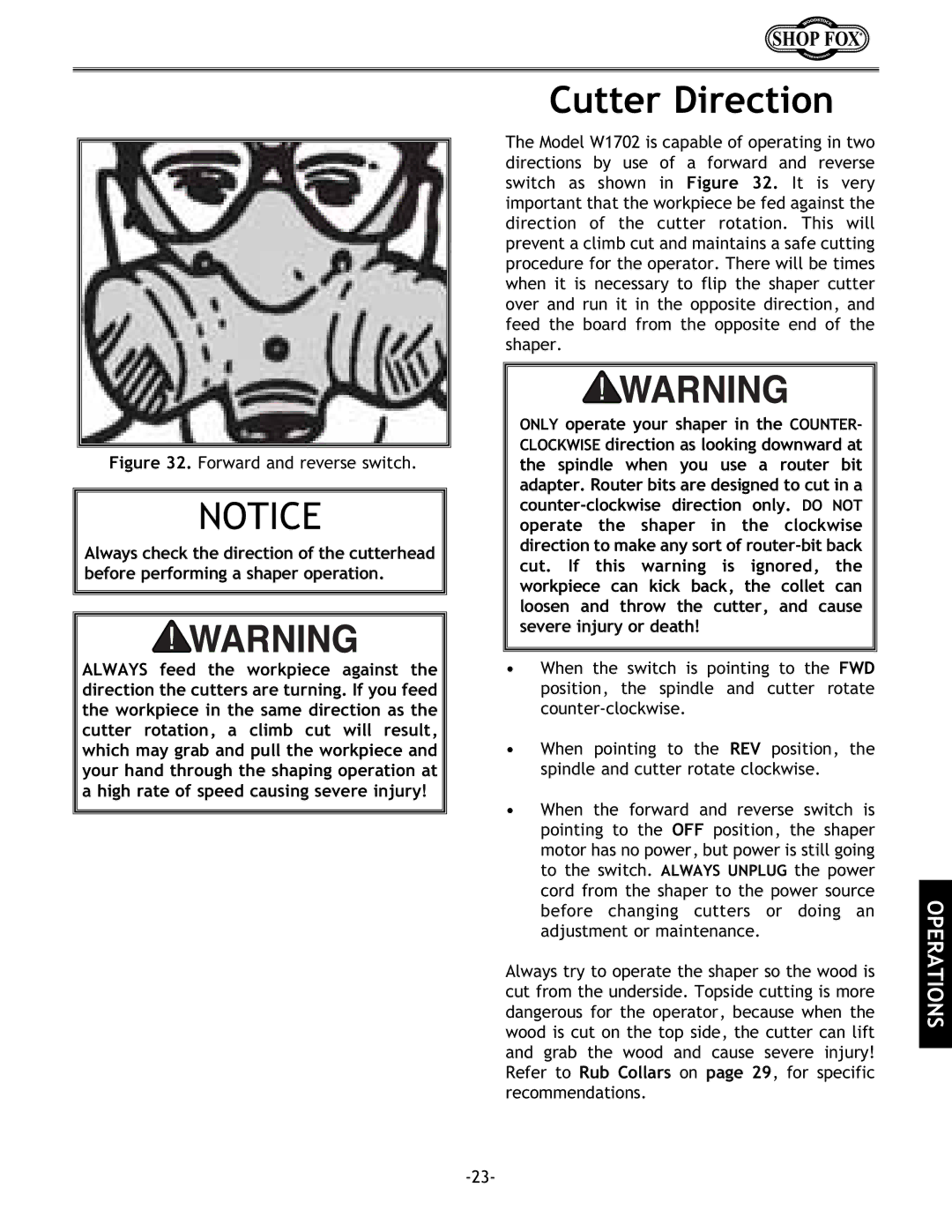 Grizzly w1702 instruction manual Cutter Direction, Forward and reverse switch 