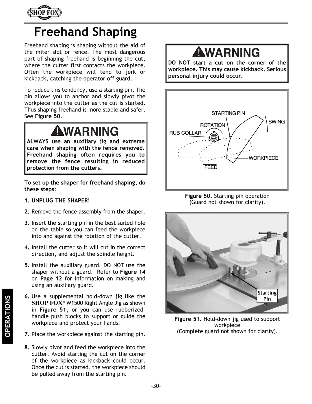 Grizzly w1702 instruction manual Freehand Shaping, Starting pin operation Guard not shown for clarity 