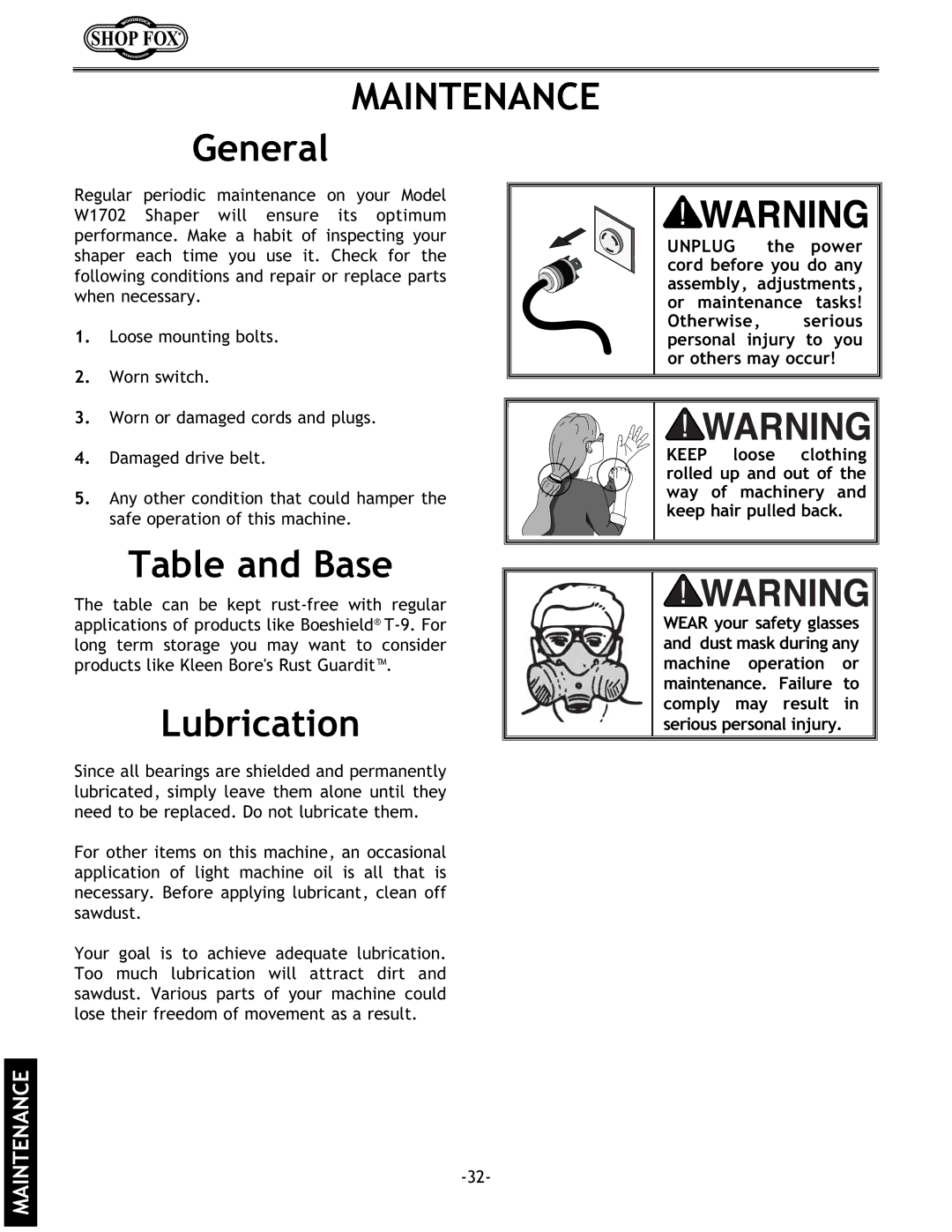 Grizzly w1702 instruction manual Maintenance, General, Table and Base, Lubrication 