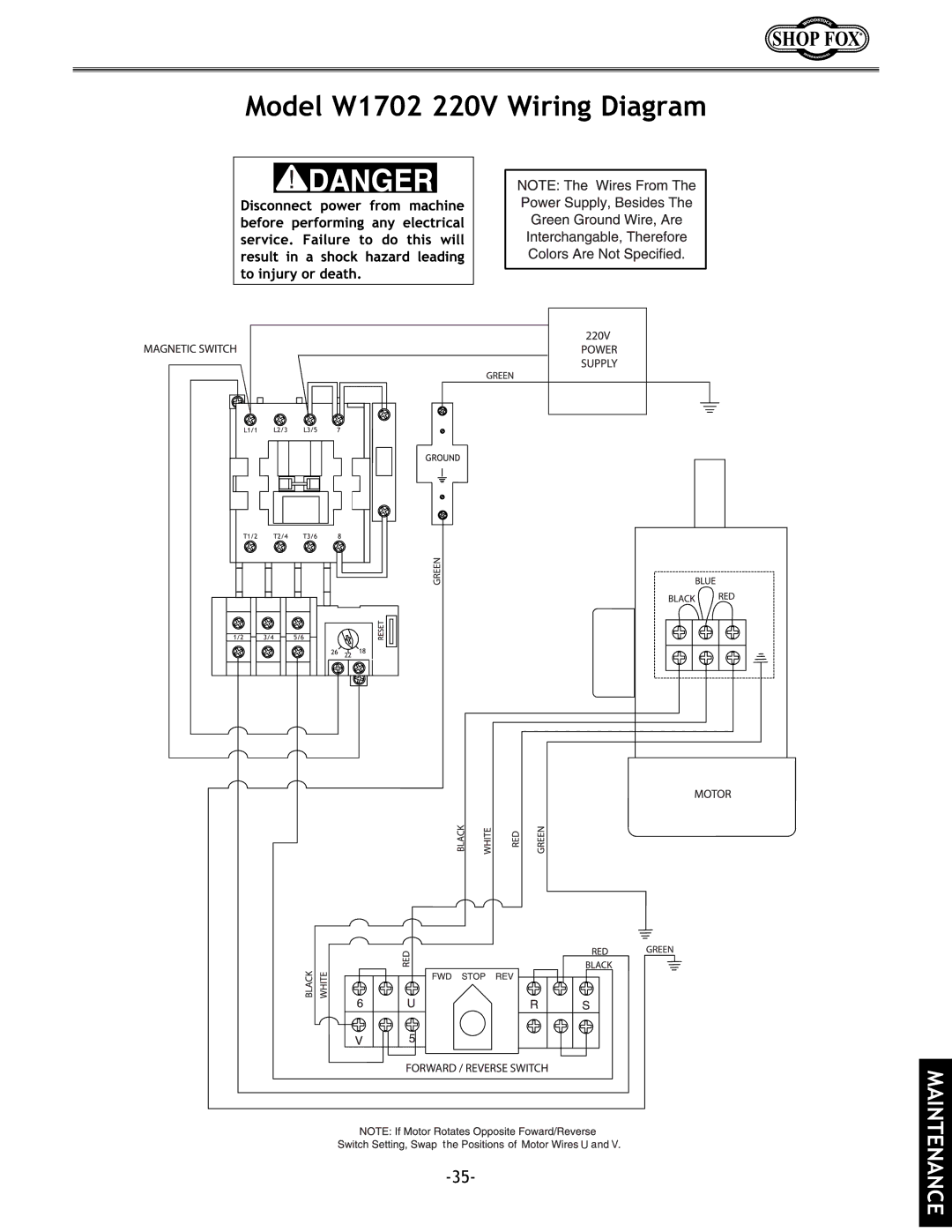 Grizzly w1702 instruction manual Model W1702 220V Wiring Diagram 