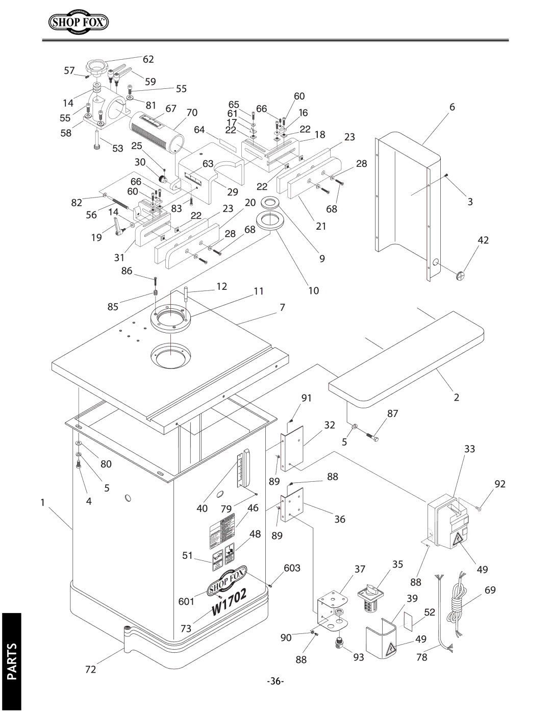 Grizzly w1702 instruction manual Parts 