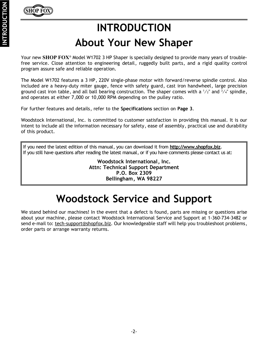 Grizzly w1702 instruction manual Introduction, About Your New Shaper, Woodstock Service and Support 