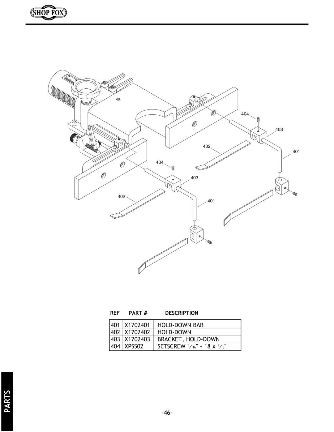 Grizzly w1702 instruction manual Hold-Down Bar 