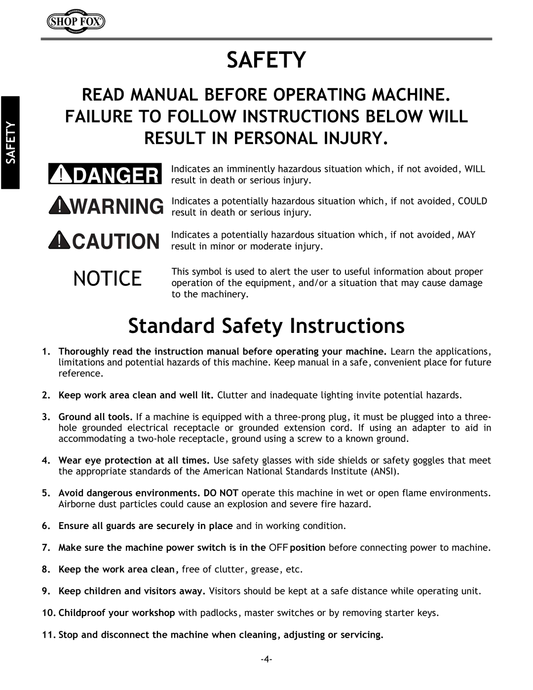 Grizzly w1702 instruction manual Standard Safety Instructions 