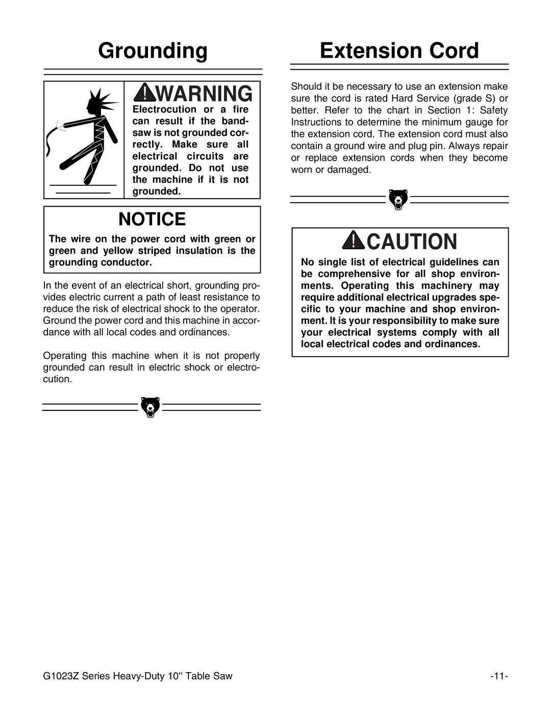 Grizzly ZX3 instruction manual Grounding Extension Cord 