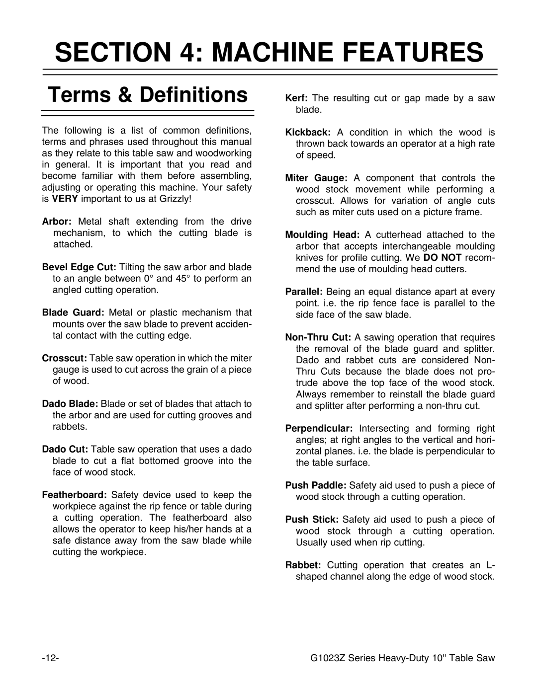 Grizzly ZX3 instruction manual Machine Features, Terms & Definitions 