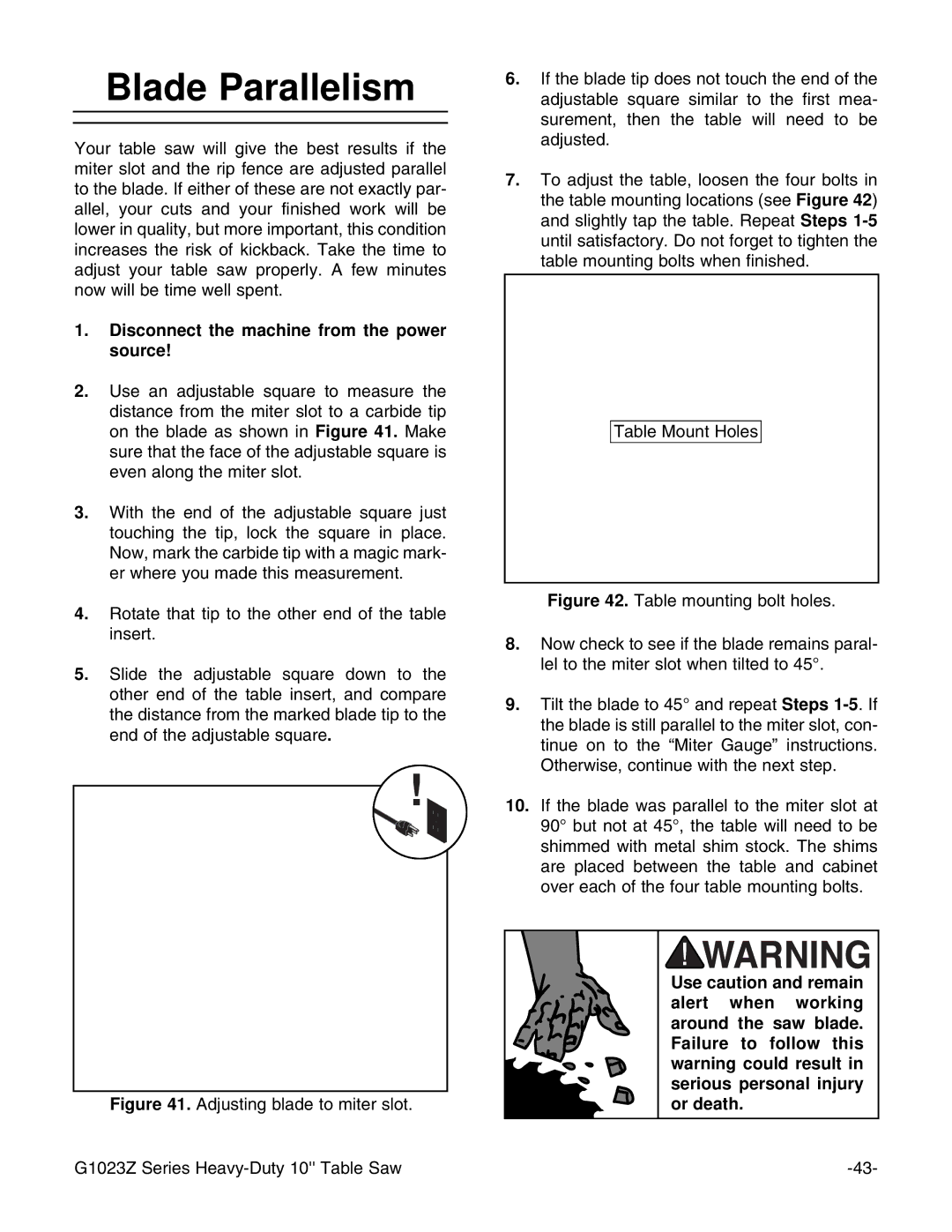 Grizzly ZX3 instruction manual Blade Parallelism, Disconnect the machine from the power source 