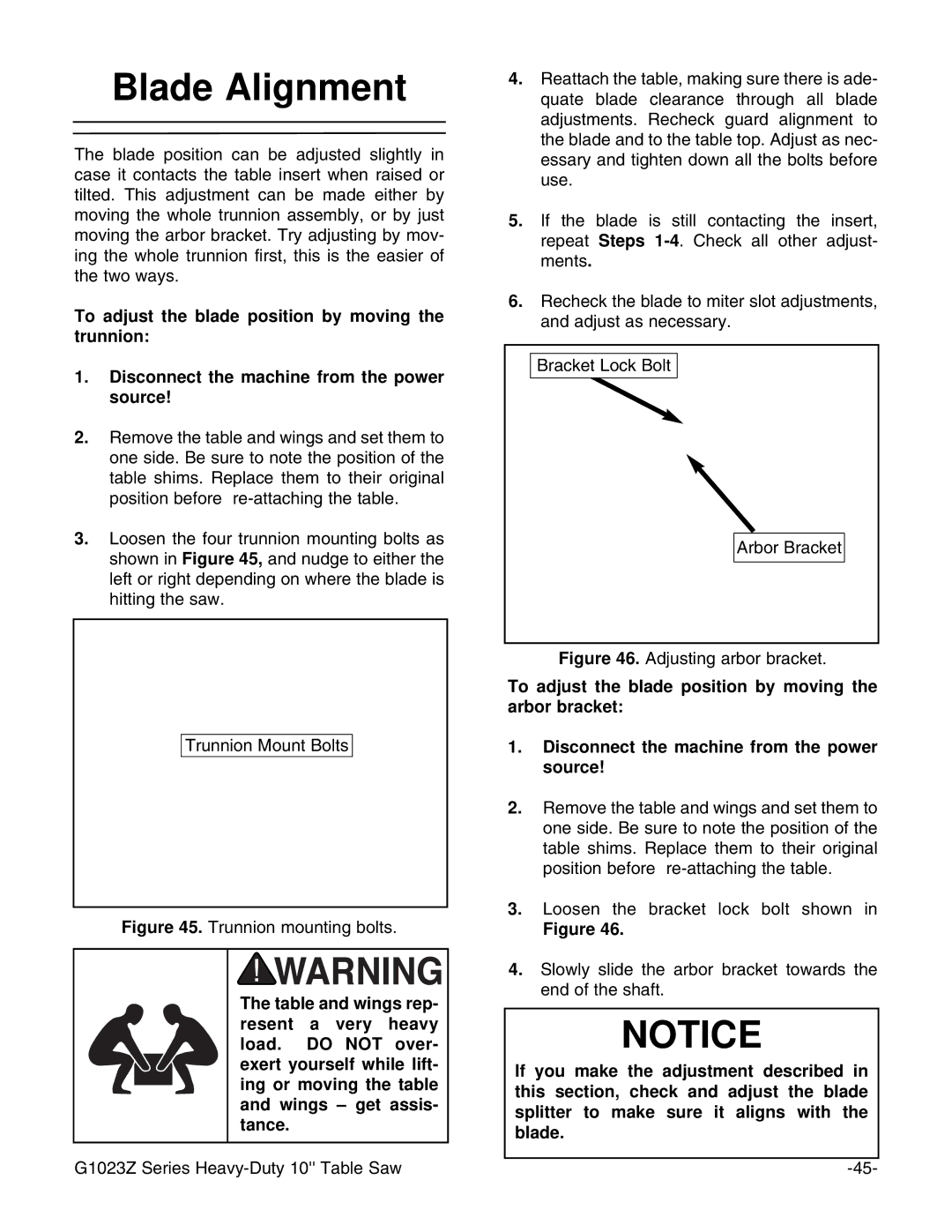 Grizzly ZX3 instruction manual Blade Alignment, Trunnion mounting bolts 