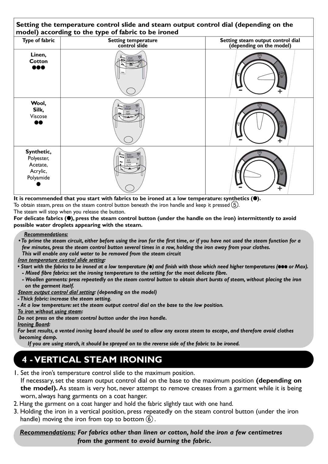 Groupe SEB USA - T-FAL 028043 manual Vertical Steam Ironing, Cotton 