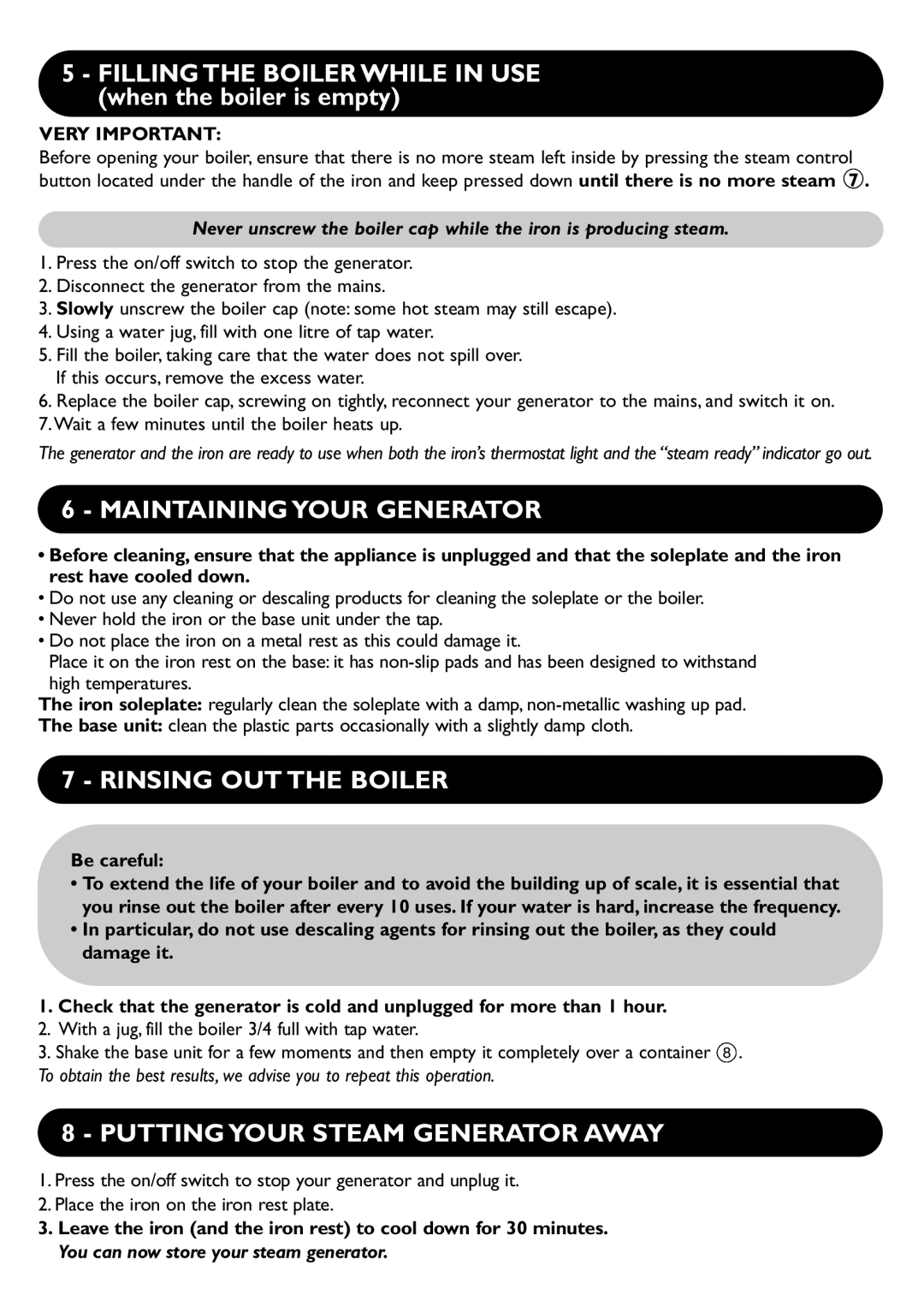 Groupe SEB USA - T-FAL 028043 manual Maintaining Your Generator, Rinsing OUT the Boiler, Putting Your Steam Generator Away 