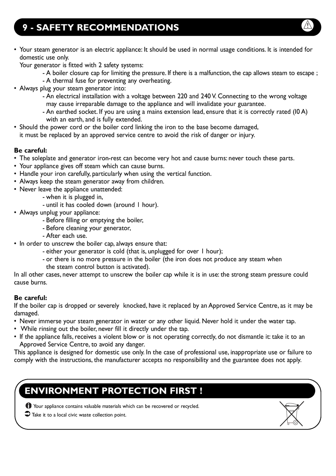 Groupe SEB USA - T-FAL 028043 manual Safety Recommendations, Environment Protection First 