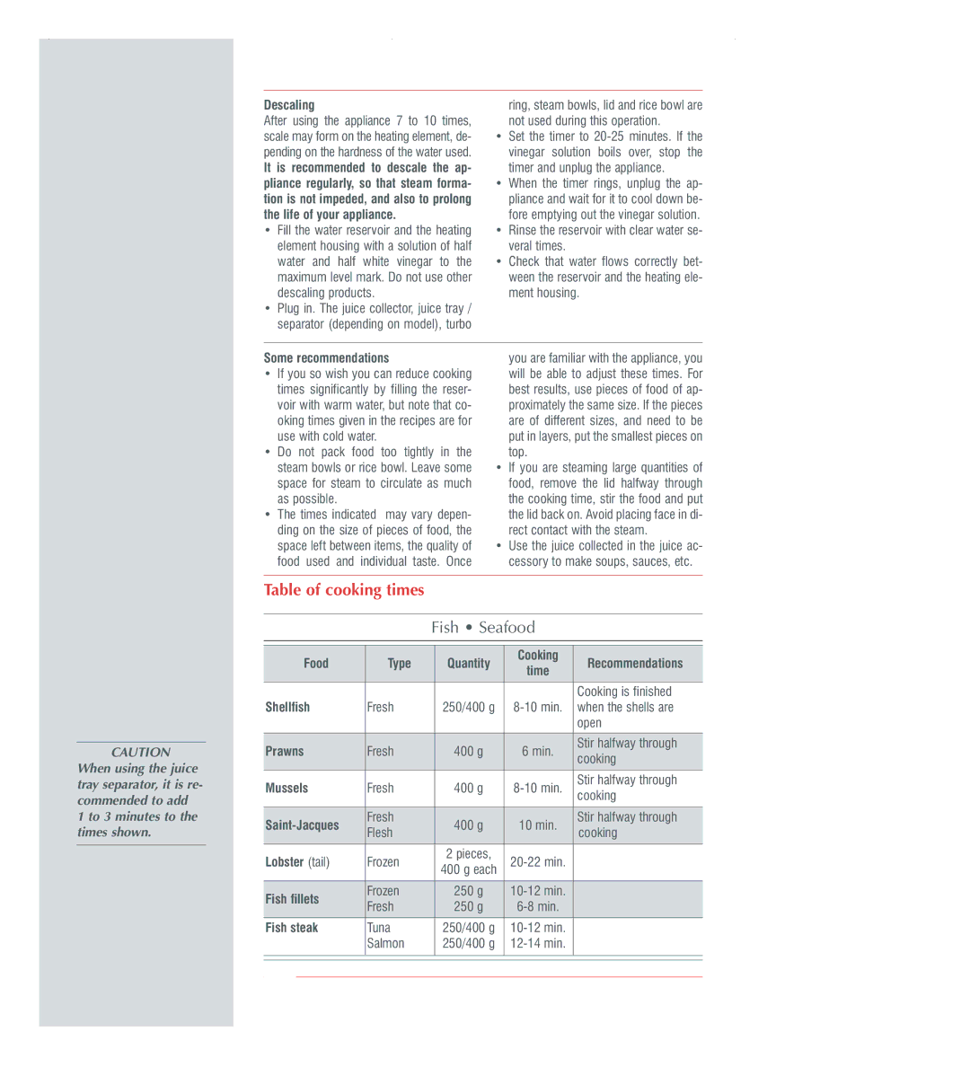 Groupe SEB USA - T-FAL 1000, 700 manual Table of cooking times, Fish Seafood 
