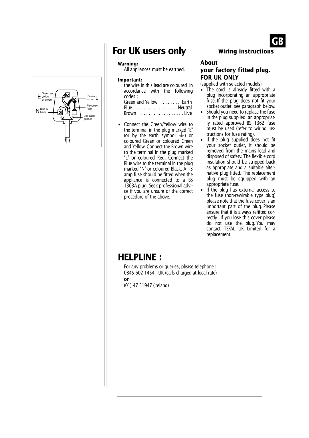 Groupe SEB USA - T-FAL 1700 manual Wiring instructions About Your factory fitted plug, Supplied with selected models 