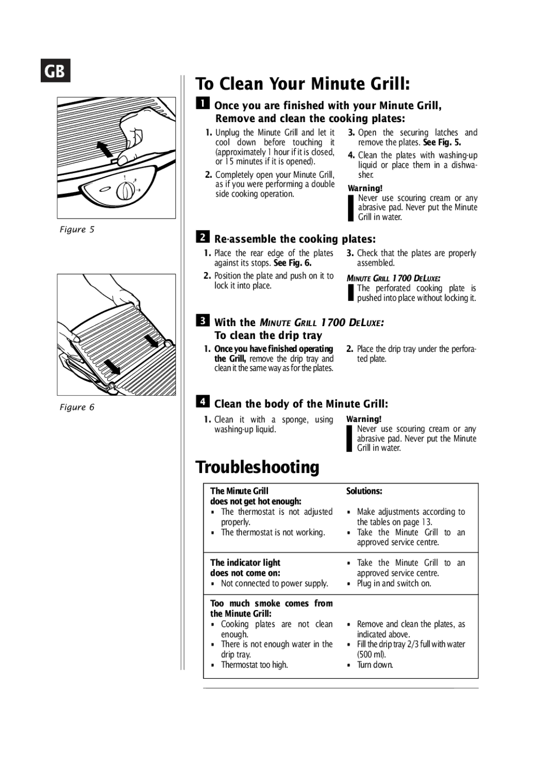 Groupe SEB USA - T-FAL 1700 manual To Clean Your Minute Grill, Troubleshooting, Re-assemble the cooking plates 