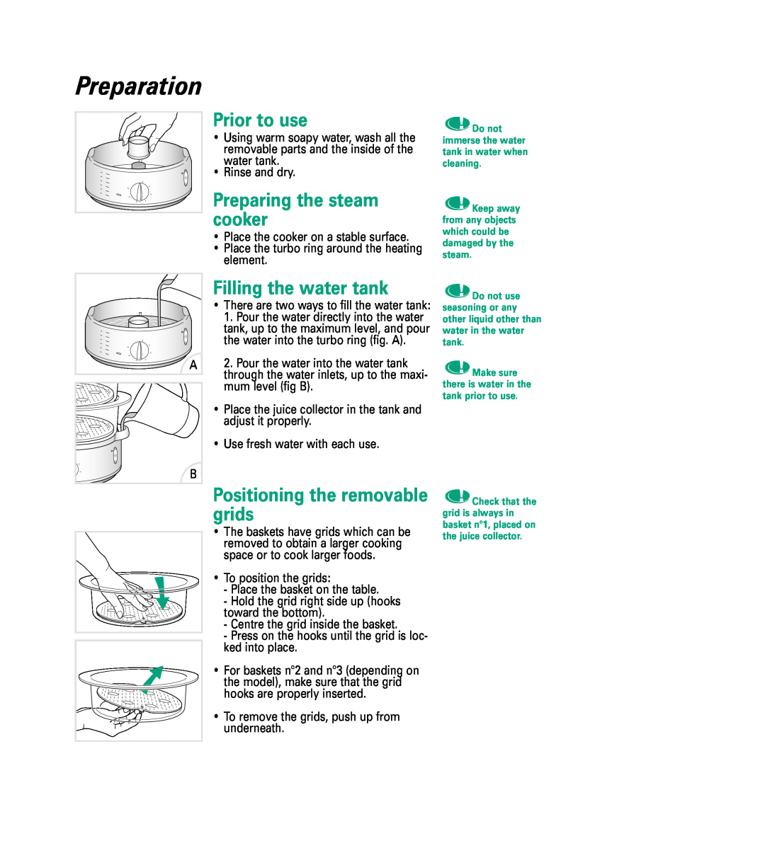 Groupe SEB USA - T-FAL 6168 manual Preparation, Prior to use, Preparing the steam cooker, Filling the water tank 