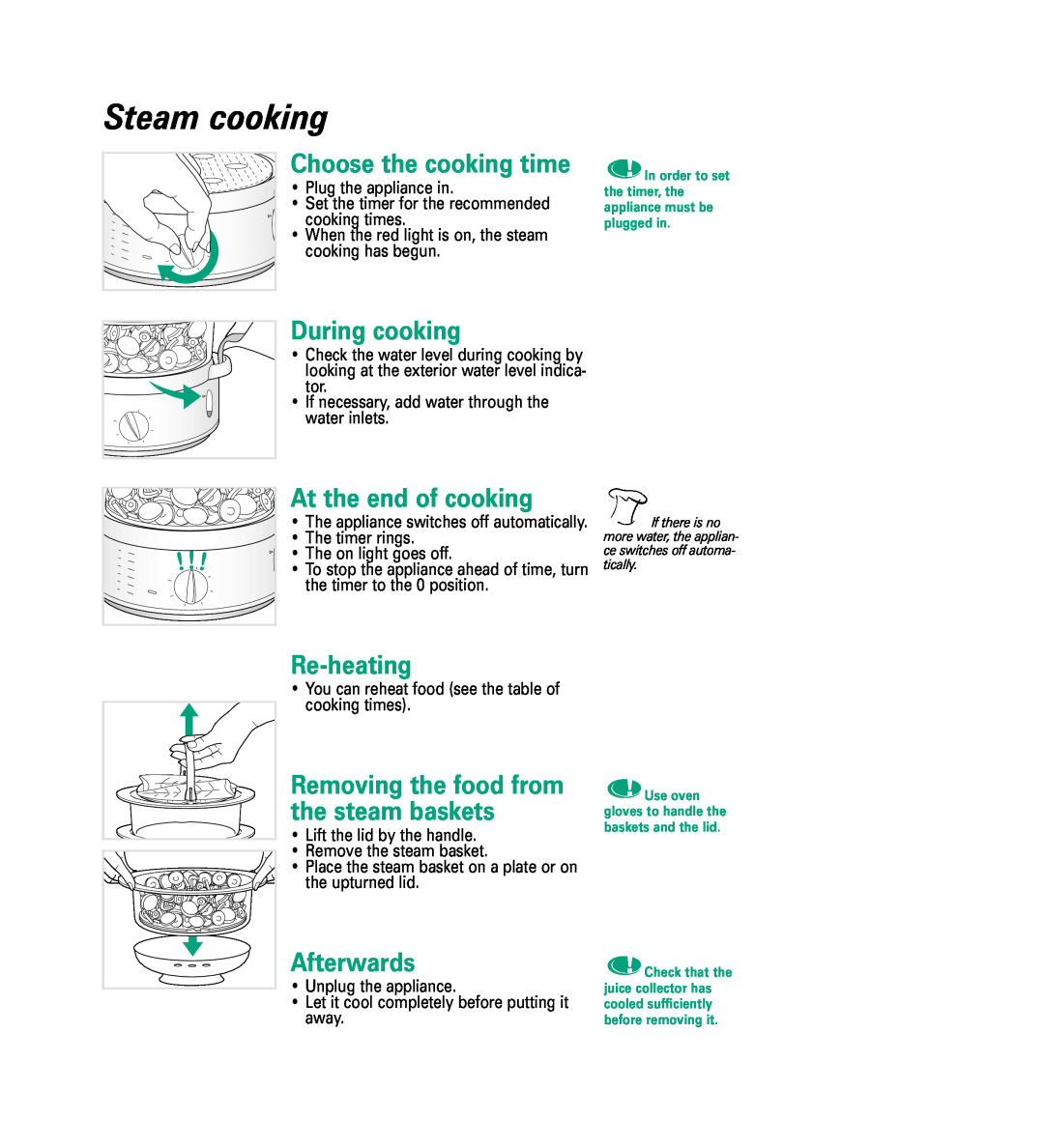 Groupe SEB USA - T-FAL 6168 Steam cooking, Choose the cooking time, During cooking, At the end of cooking, Re-heating 