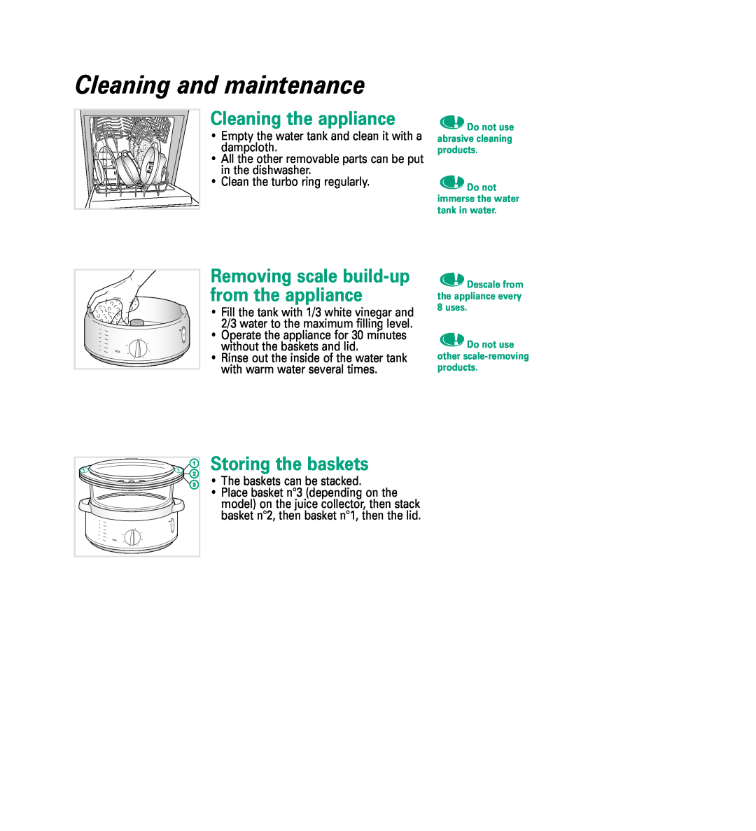 Groupe SEB USA - T-FAL 6168 manual Cleaning and maintenance, Cleaning the appliance, Storing the baskets 