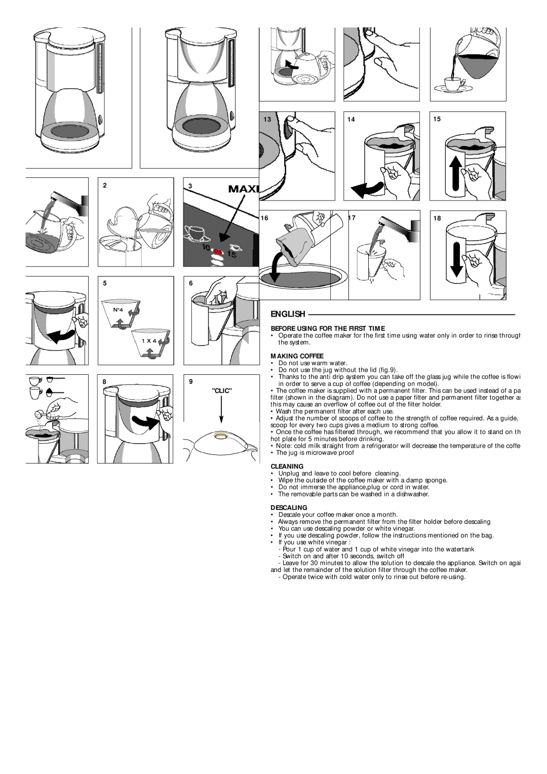 Groupe SEB USA - T-FAL 8820, 8826, 8819 manual English, Before Using for the First Time, Making Coffee, Cleaning, Descaling 