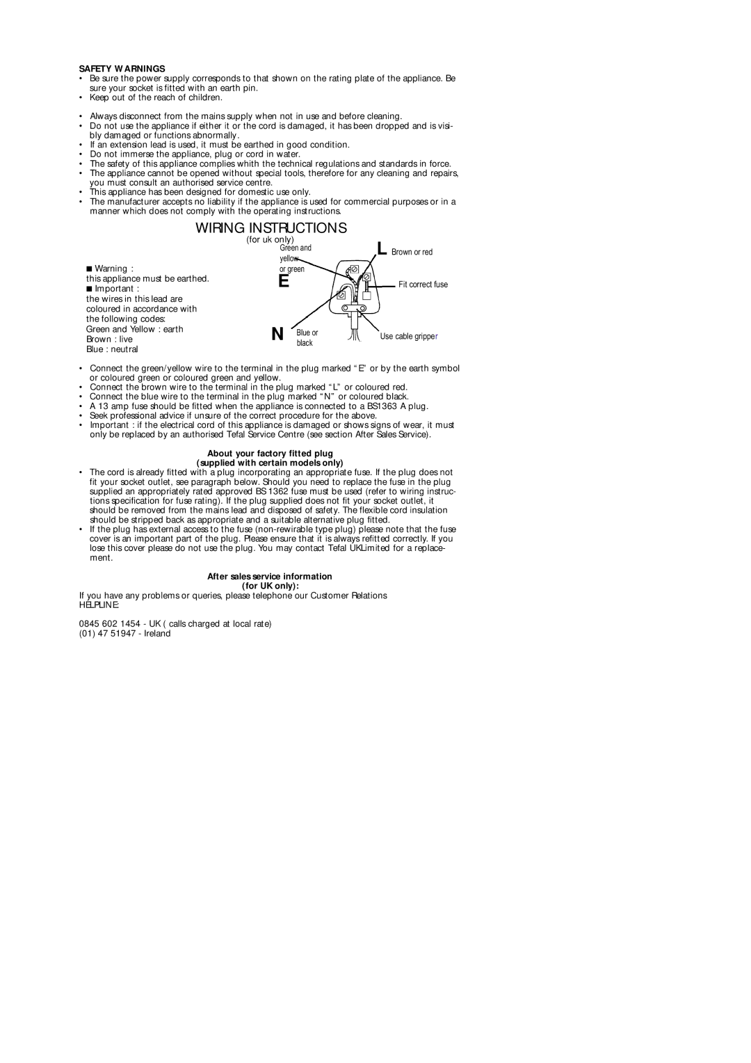 Groupe SEB USA - T-FAL 8819, 8826, 8820 Wiring Instructions, Safety Warnings, After sales service information For UK only 