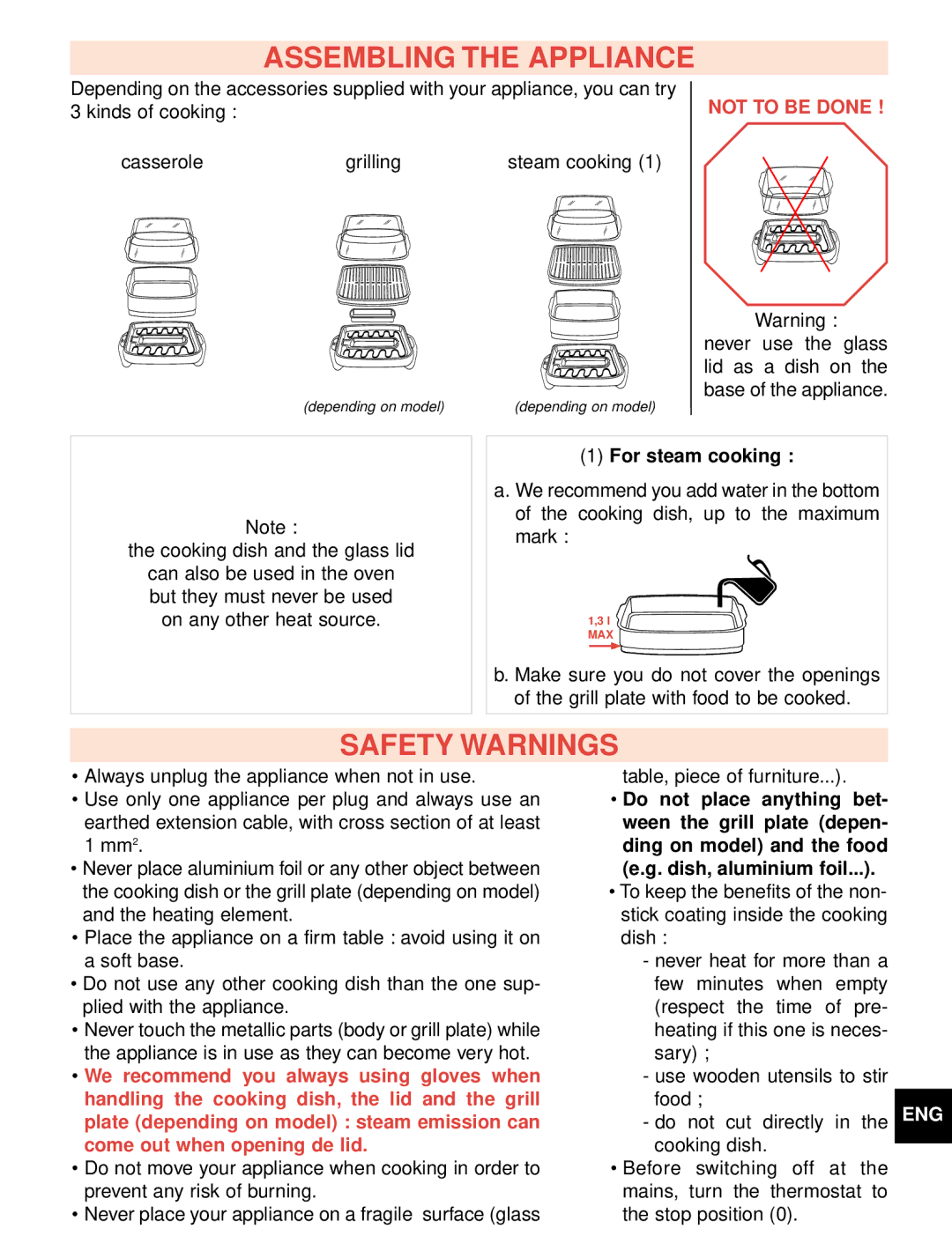 Groupe SEB USA - T-FAL Astucio manual Assembling the Appliance, Safety Warnings, For steam cooking 