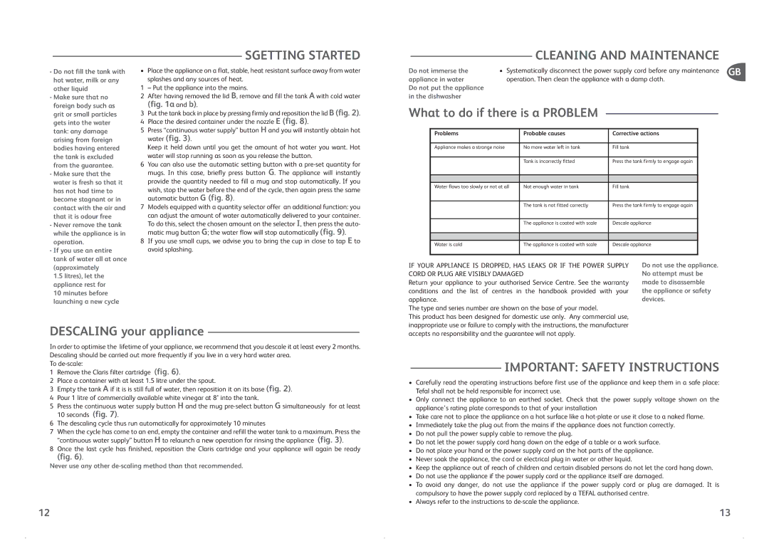 Groupe SEB USA - T-FAL BR 301 manual Sgetting Started, Cleaning and Maintenance, Descaling your appliance 