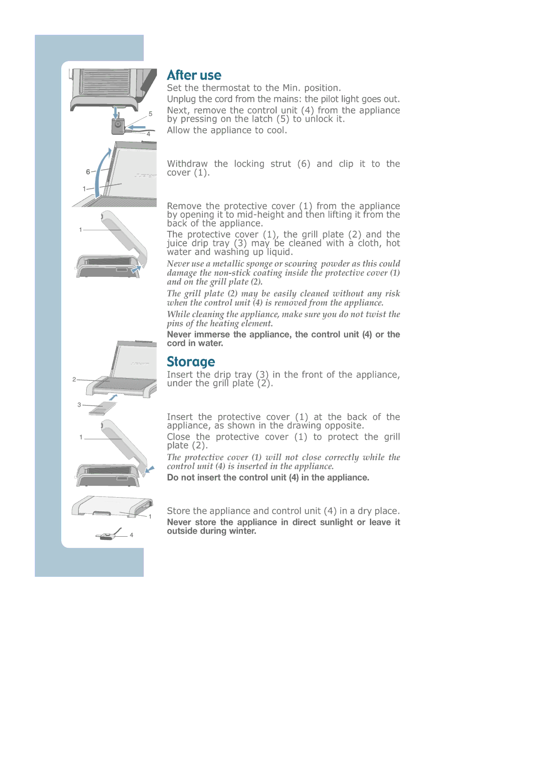 Groupe SEB USA - T-FAL CB6010 manual After use, Storage, Do not insert the control unit 4 in the appliance 