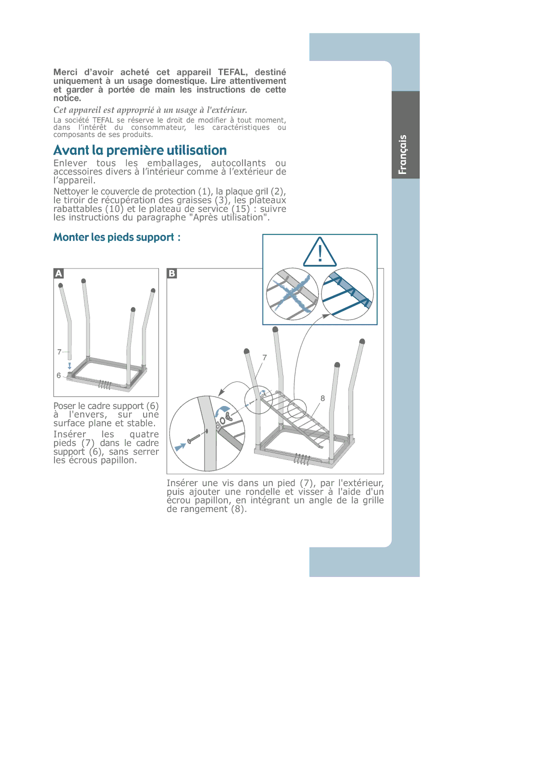 Groupe SEB USA - T-FAL CB6080 manual Avant la première utilisation, Cet appareil est approprié à un usage à lextérieur 