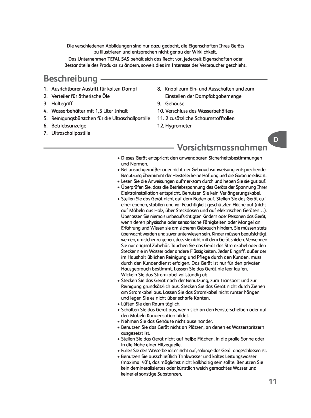 Groupe SEB USA - T-FAL Compact Humidifier manual Vorsichtsmassnahmen, Beschreibung 