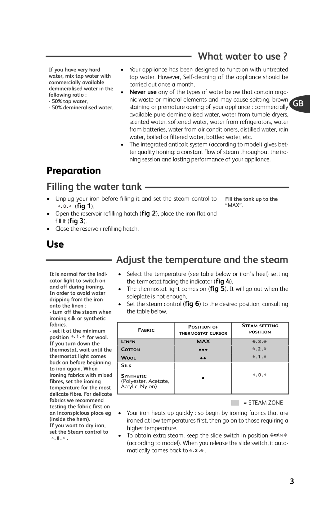 Groupe SEB USA - T-FAL Electric Iron manual What water to use ?, Preparation, Filling the water tank, Use 