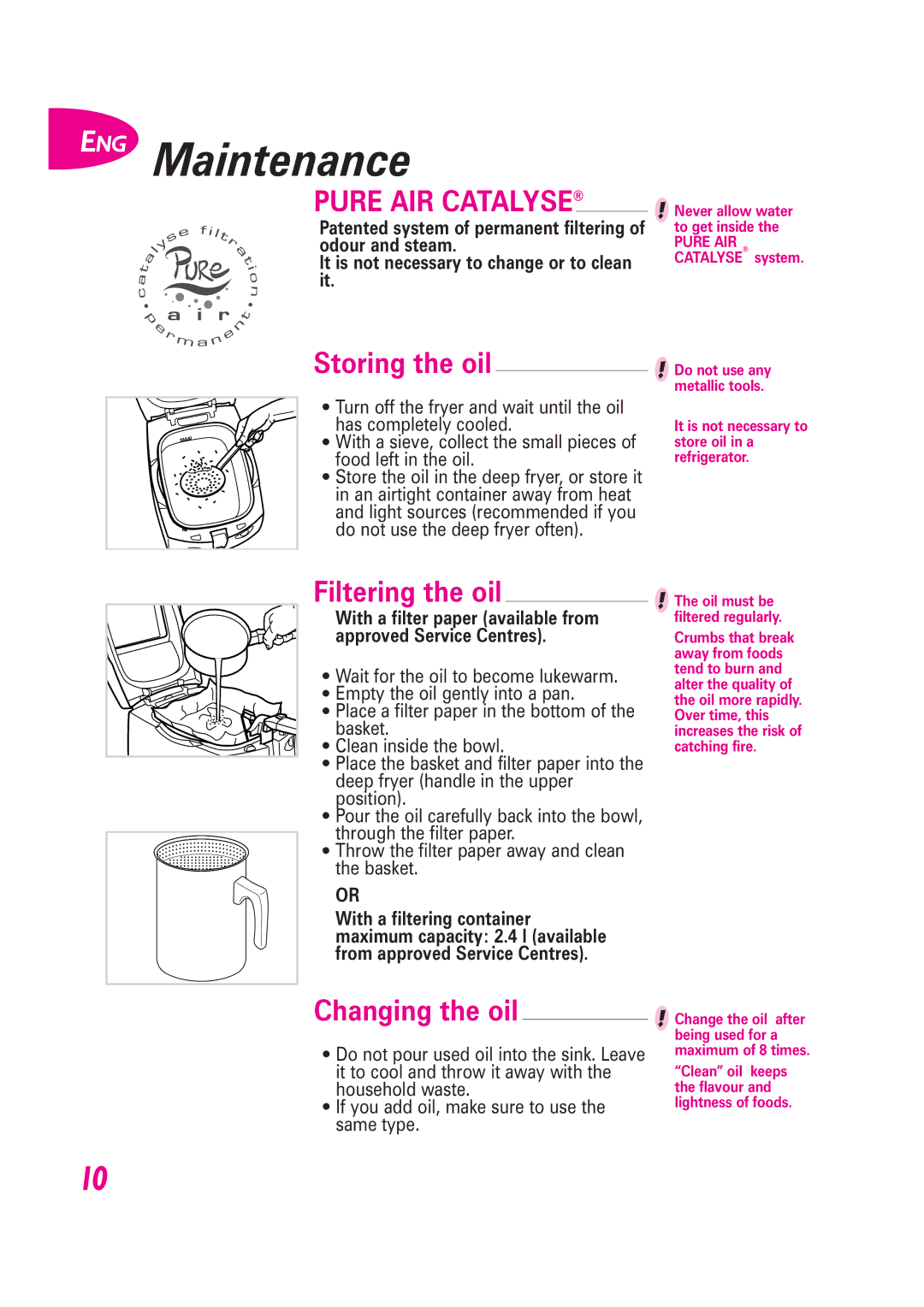 Groupe SEB USA - T-FAL Fryer manual ENG Maintenance, Storing the oil, Filtering the oil, Changing the oil 