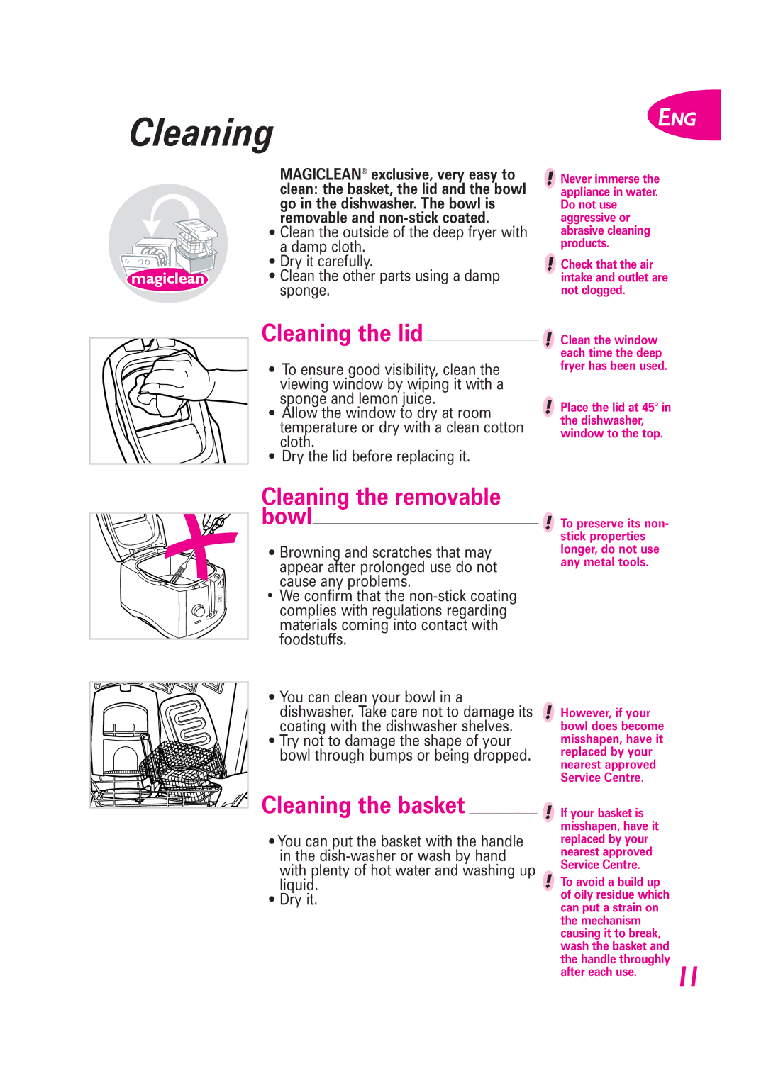 Groupe SEB USA - T-FAL Fryer manual Cleaning the lid, Cleaning the removable, Cleaning the basket 