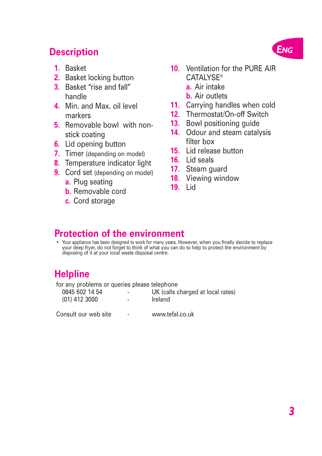 Groupe SEB USA - T-FAL Fryer manual Protection of the environment, Helpline 