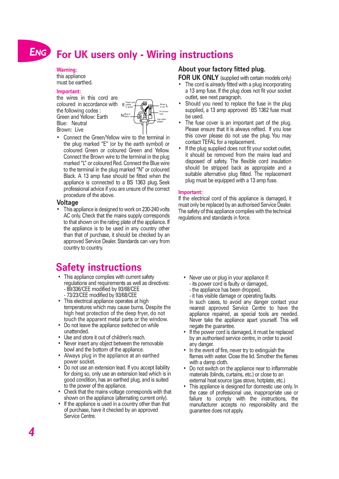 Groupe SEB USA - T-FAL Fryer manual ENG For UK users only Wiring instructions, Safety instructions 