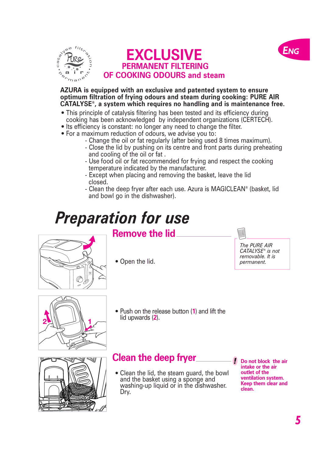 Groupe SEB USA - T-FAL Fryer manual Preparation for use, Remove the lid, Clean the deep fryer 