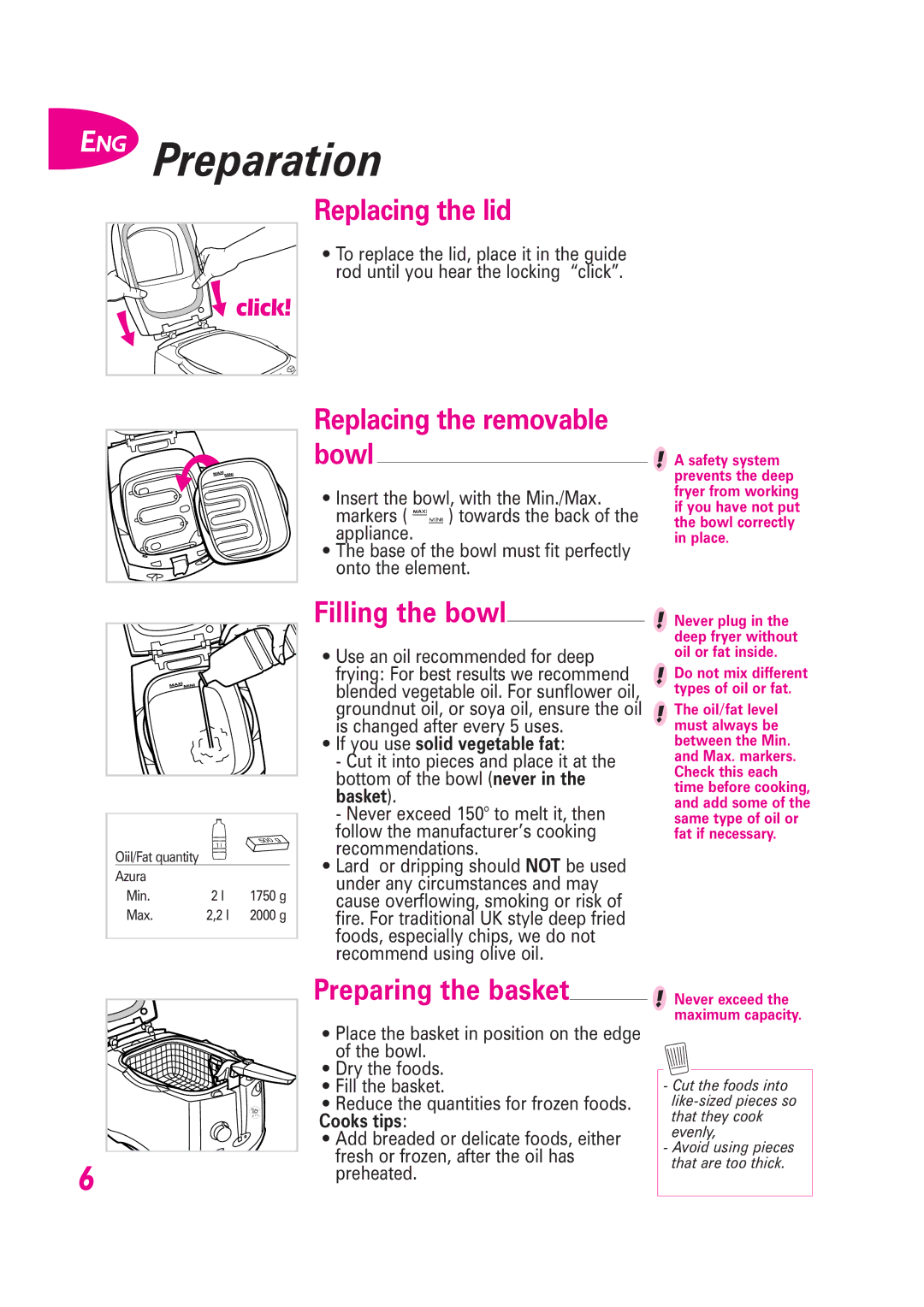 Groupe SEB USA - T-FAL Fryer manual ENG Preparation, Replacing the lid, Replacing the removable, Filling the bowl 