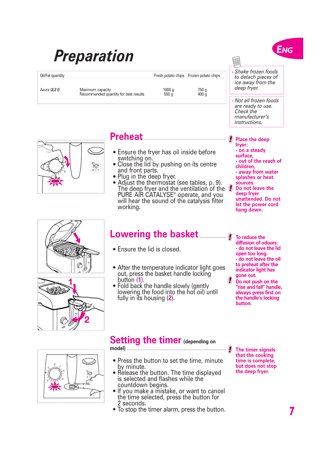 Groupe SEB USA - T-FAL Fryer manual Preparation, Preheat, Lowering the basket, Setting the timer depending on 