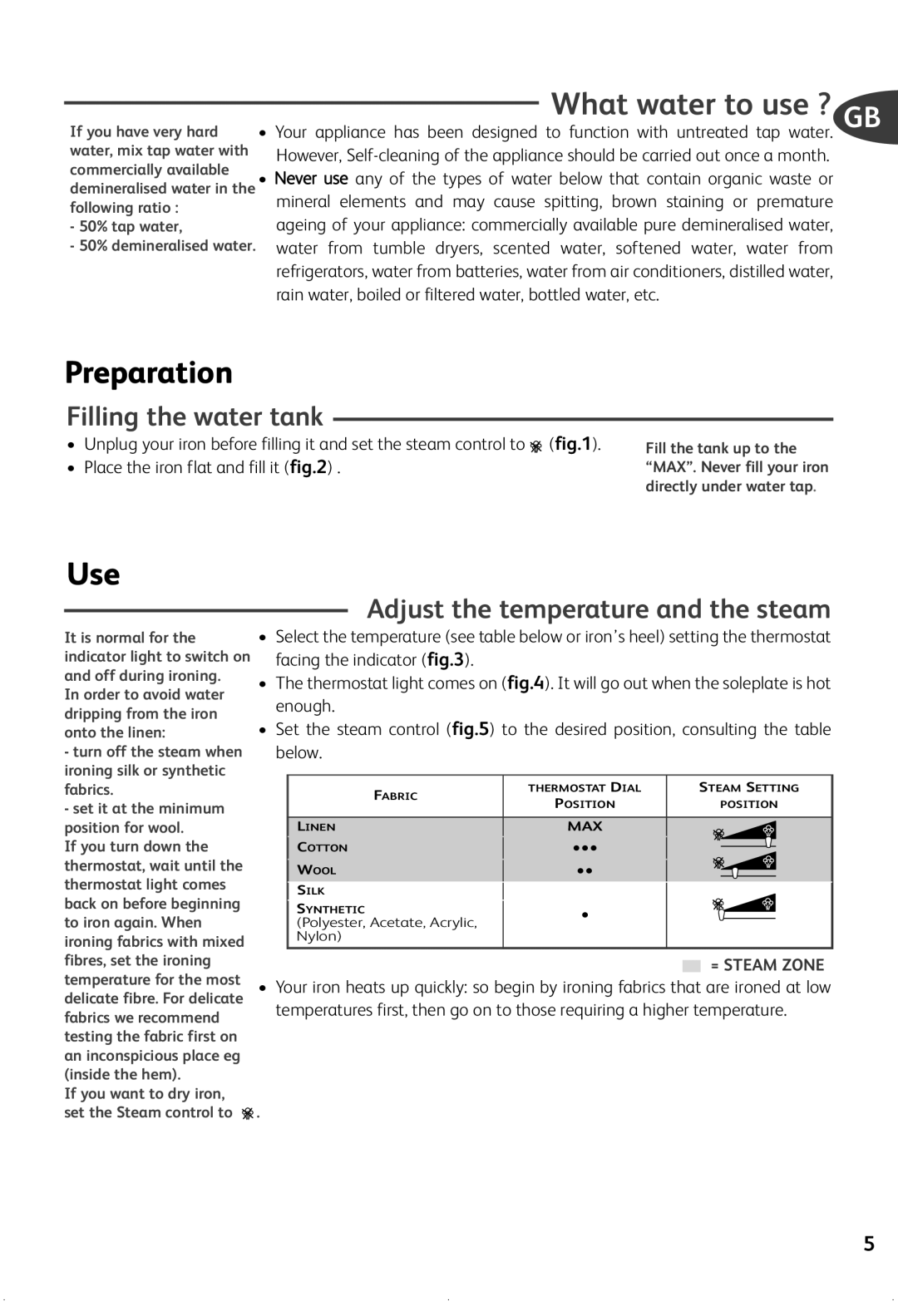 Groupe SEB USA - T-FAL FV21XX series manual Preparation, Use, Filling the water tank, Adjust the temperature and the steam 