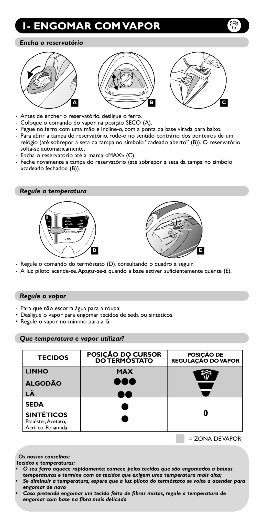 Groupe SEB USA - T-FAL FV5130, FV5150, FV5110 Engomar COM Vapor, Encha o reservatório, Regule a temperatura, Regule o vapor 