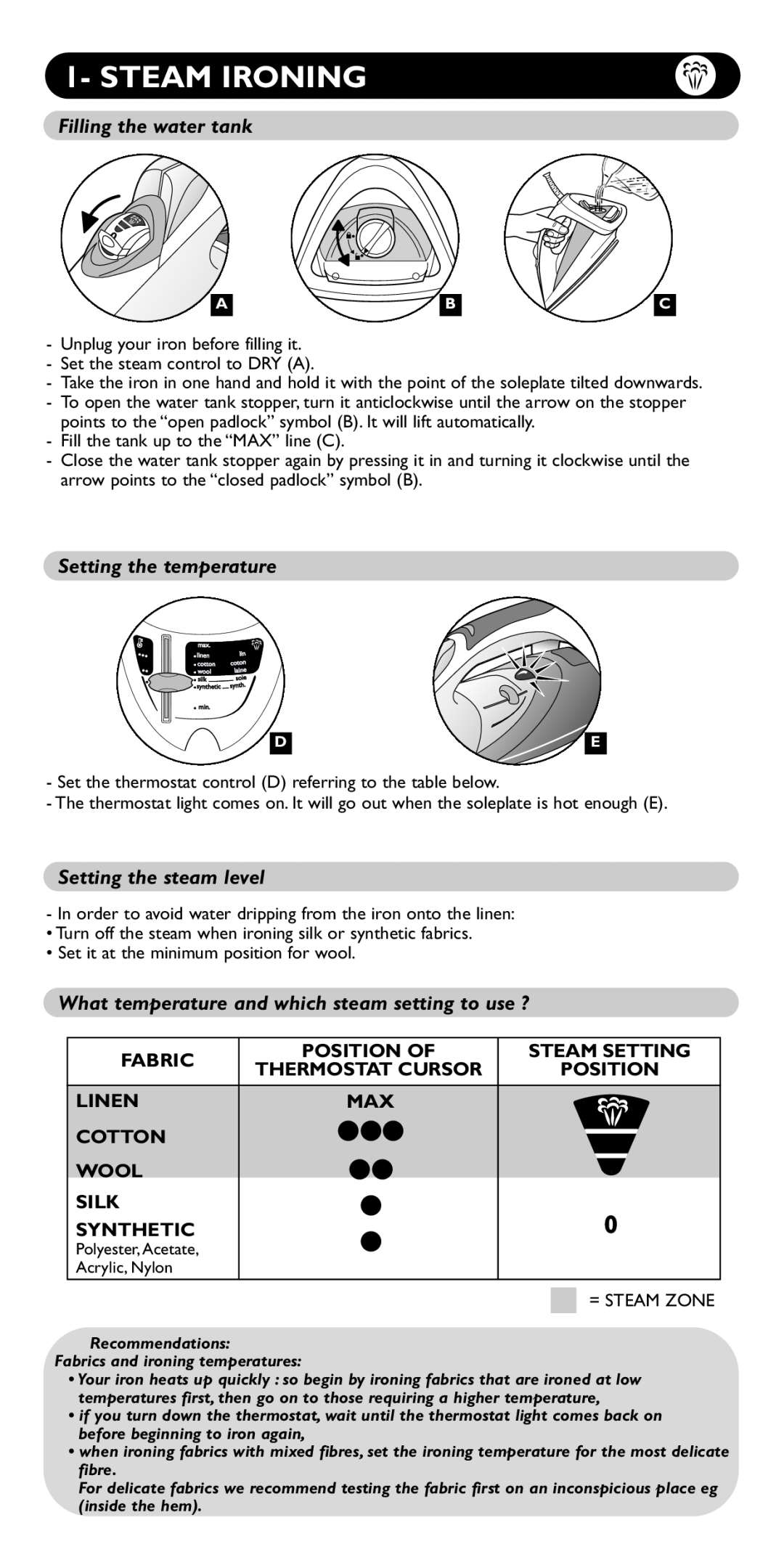 Groupe SEB USA - T-FAL FV5130 Steam Ironing, Filling the water tank, Setting the temperature, Setting the steam level 