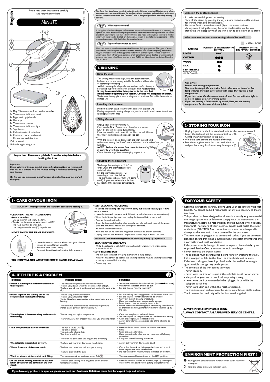 Groupe SEB USA - T-FAL FV6050 manual Ironing, Storing Your Iron, Care of Your Iron, For Your Safety, If There is a Problem 