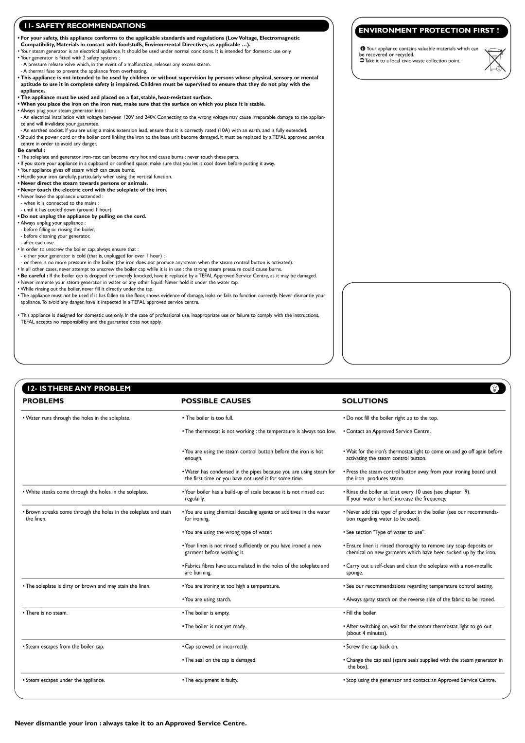 Groupe SEB USA - T-FAL GV6500 manual Safety Recommendations, Environment Protection First, Is There ANY Problem 