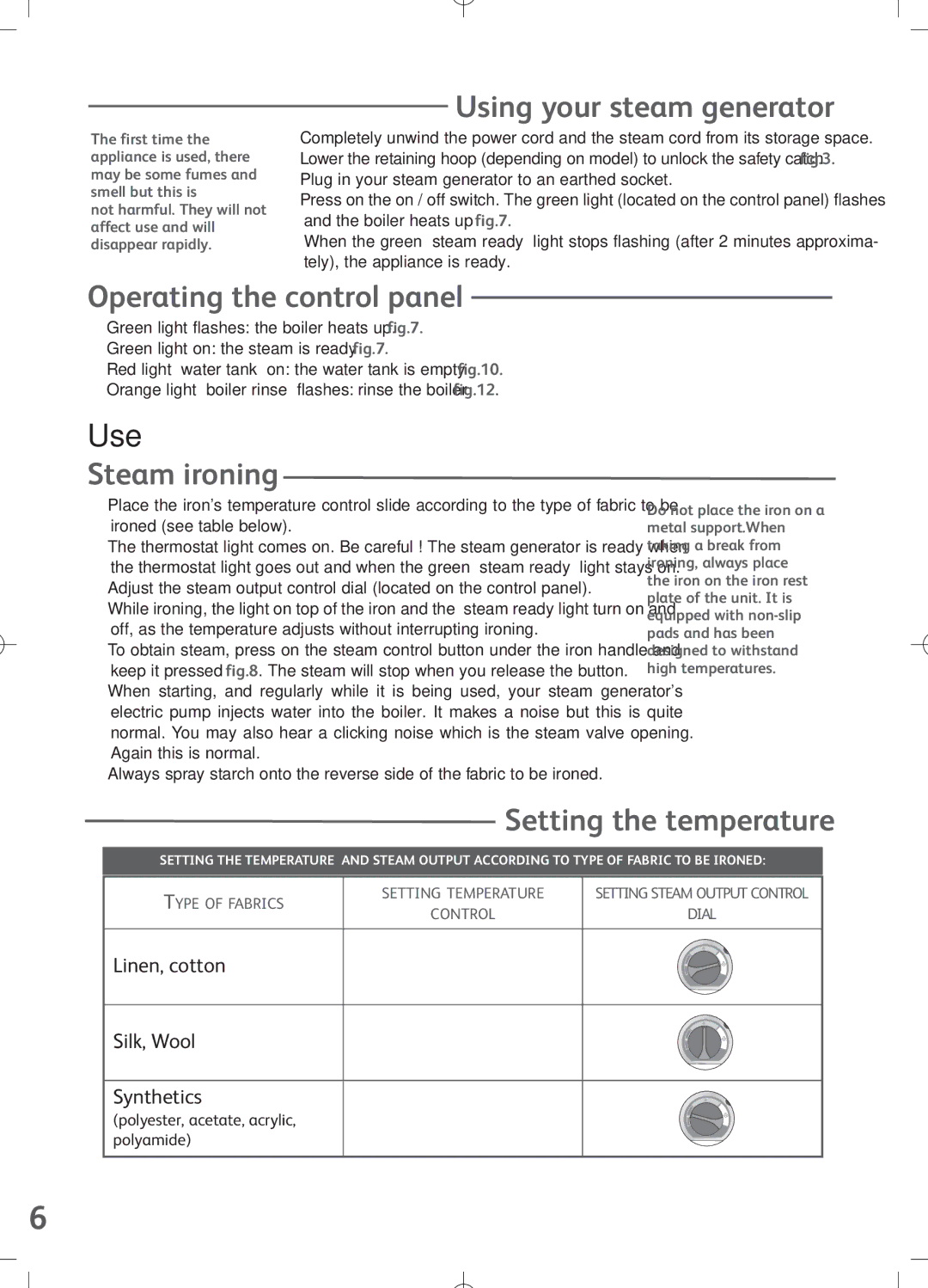 Groupe SEB USA - T-FAL GV7150, GV7120 manual Using your steam generator, Operating the control panel, Steam ironing 