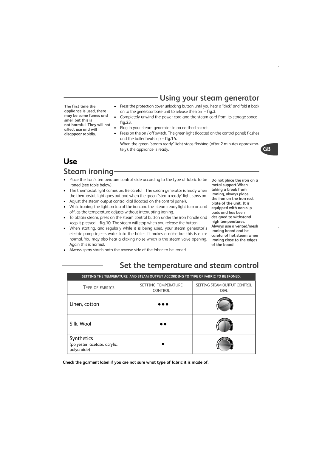 Groupe SEB USA - T-FAL GV9360 manual Using your steam generator, Steam ironing, Set the temperature and steam control 