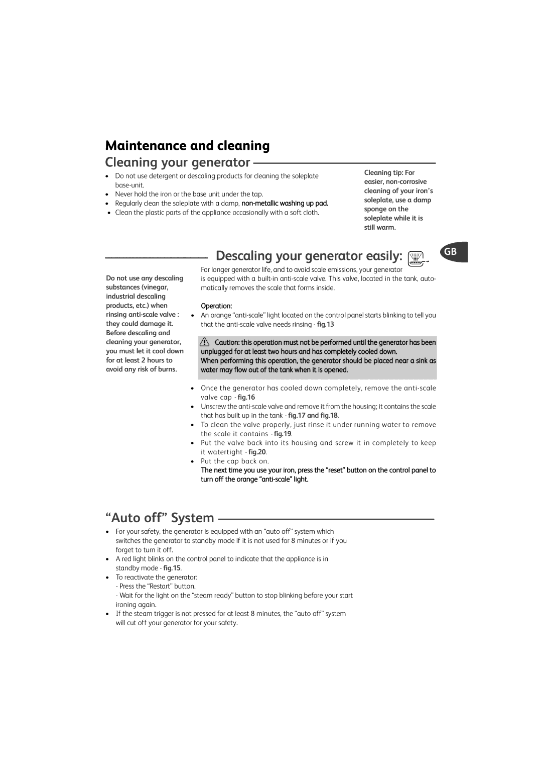 Groupe SEB USA - T-FAL GV9360 manual Descaling your generator easily, Auto off System 