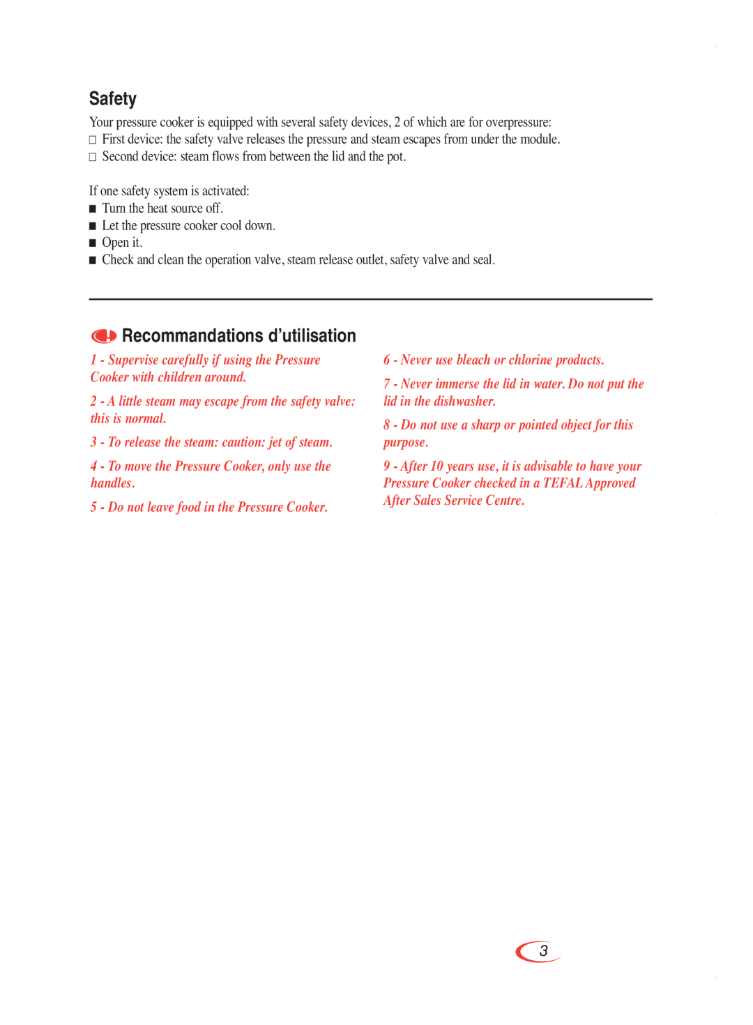 Groupe SEB USA - T-FAL Pressure Cooker user manual Safety, Recommandations d’utilisation 